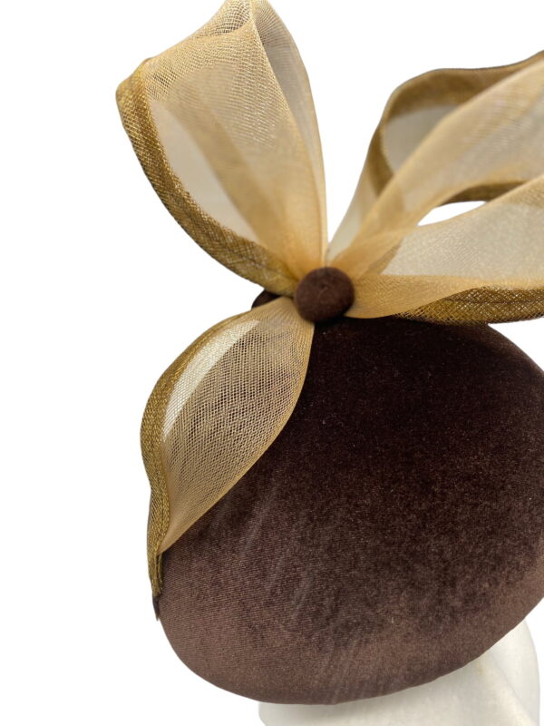 Fabulous chocolate velvet large teardrop headpiece with beautiful beige sinamay bow to finish.